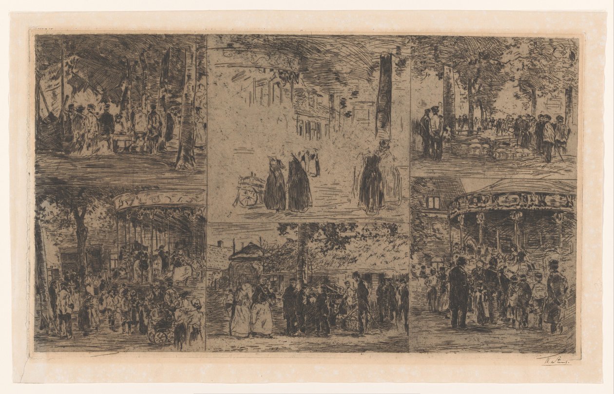 Zes schetsen van een marktdag en een dorpskermis door Willem de Zwart (signed by artist)