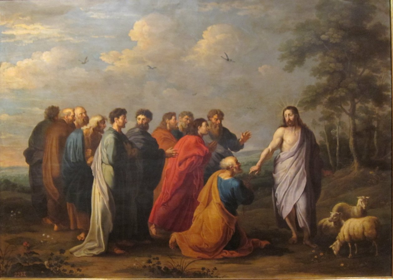Spaans: Jesucristo entregando las llaves a San Pedro door Willem van Herp