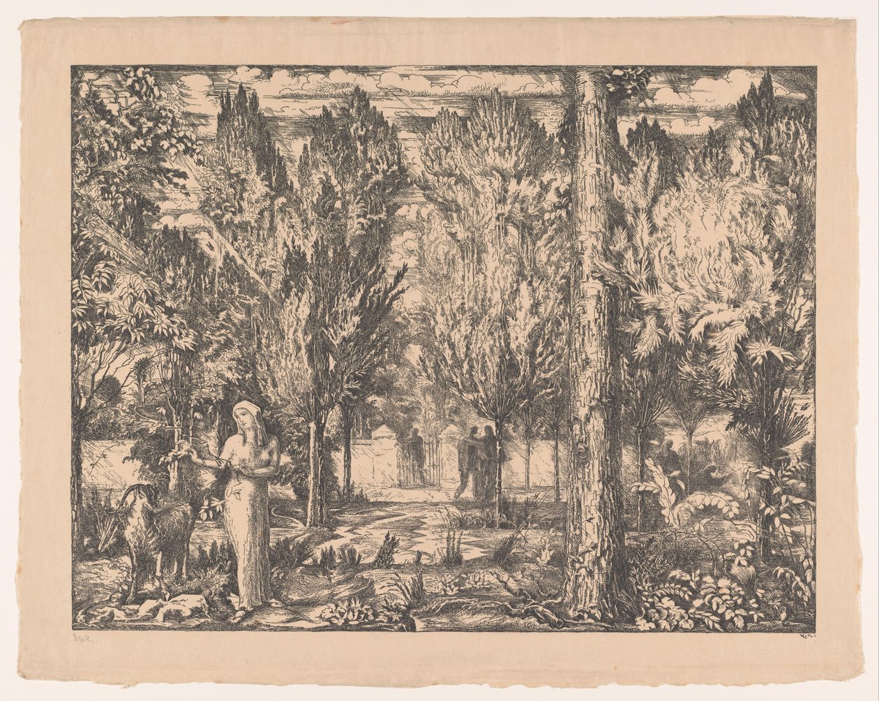 Vrouw en ram in ommuurde tuin door Willem van Konijnenburg (signed by artist)