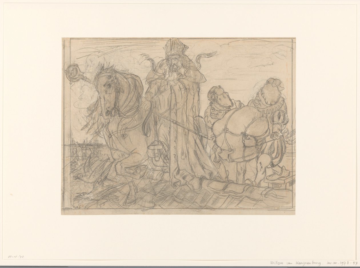 Sinterklaas met twee pieten op een dak door Willem van Konijnenburg