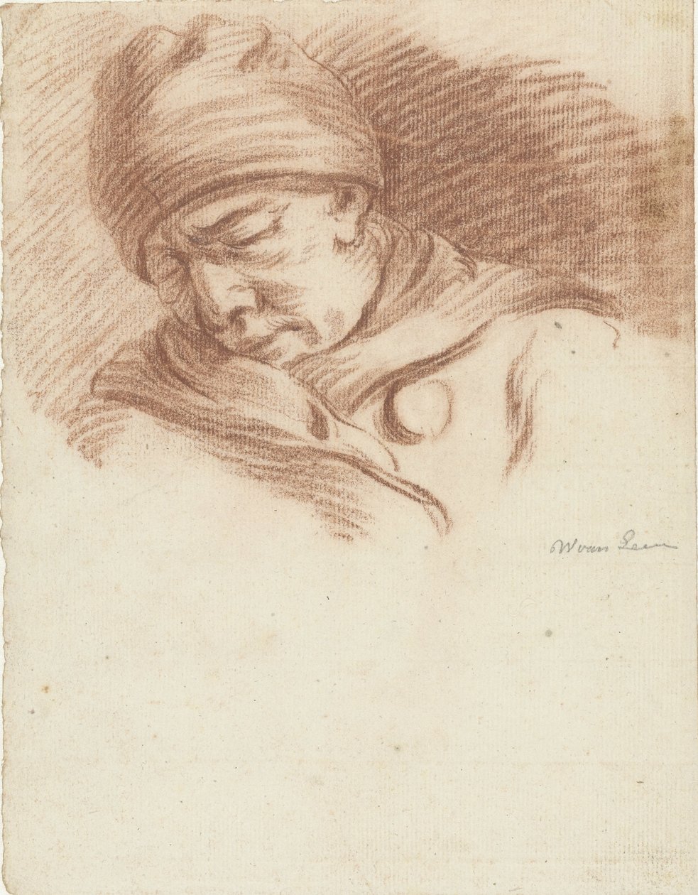 Slapende man met muts (zelfportret?) door Willem van Leen