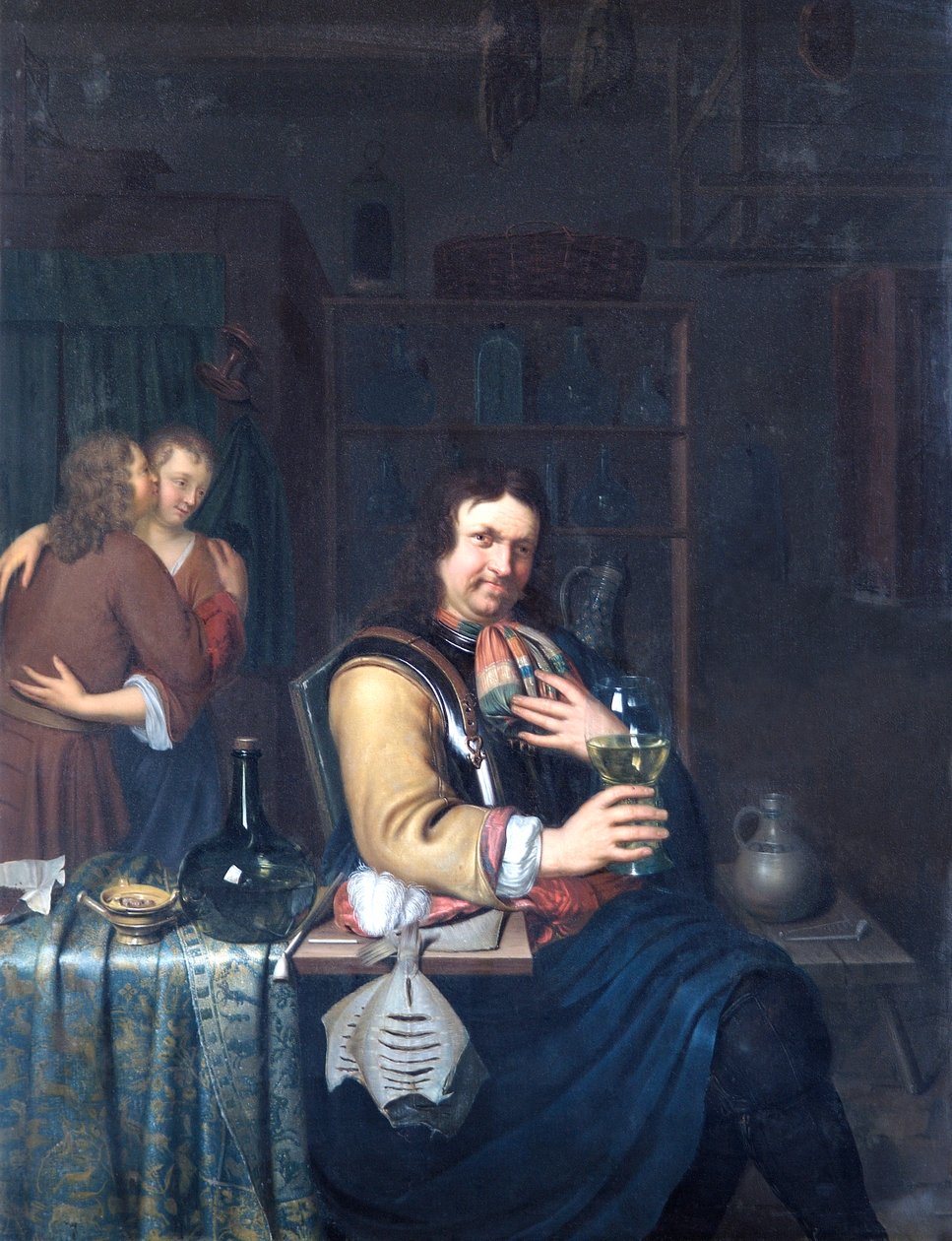 Interieur met een drinkende ridder en een omhelzend paar, ca. 1690-1700 door Willem Van Mieris