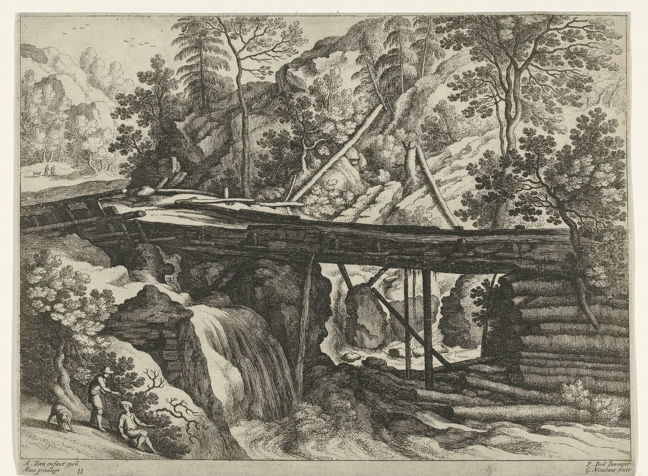 Berglandschap met houten aquaduct door Willem van Nieulandt (II)