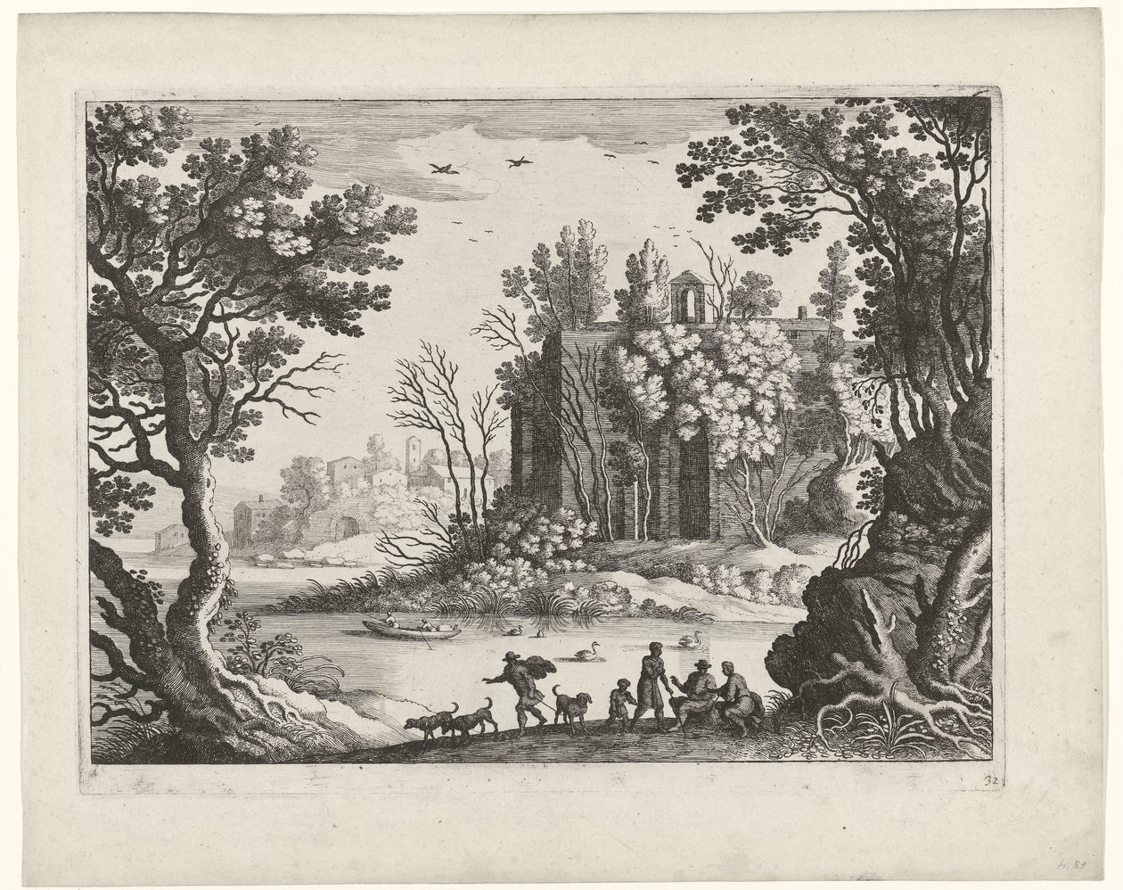 Gebouw aan een rivier, Italiaanse landschappen door Willem van Nieulandt (II)