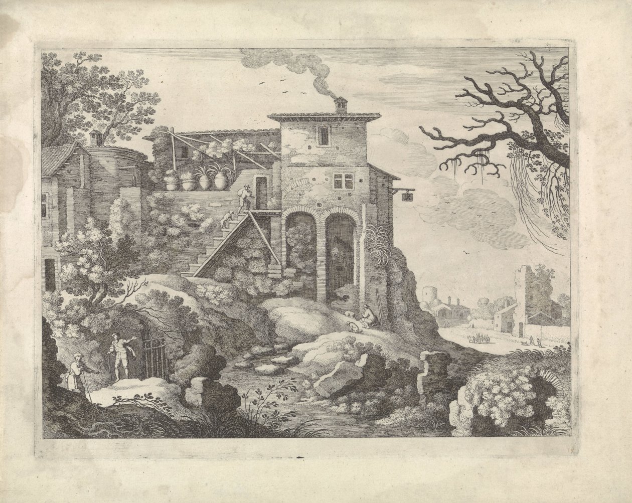 Italiaans landschap met een herberg door Willem van Nieulandt (II)