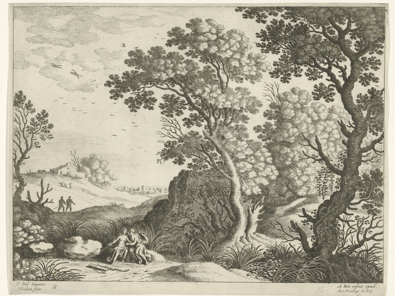 Landschap met Diana en een nimf door Willem van Nieulandt (II)