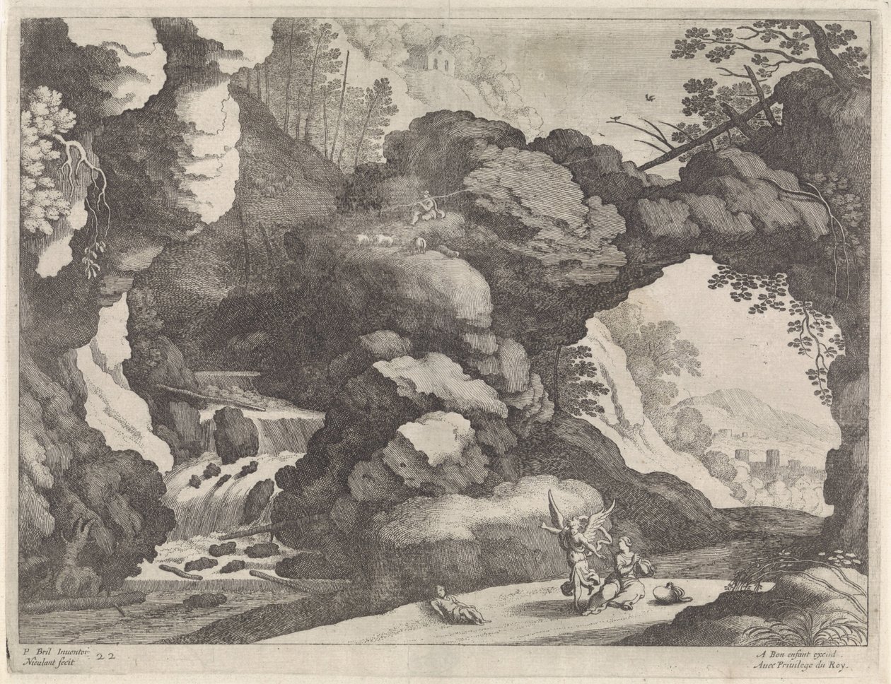 Landschap met Hagar en Ismaël door Willem van Nieulandt (II)