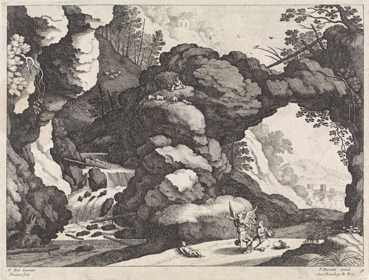 Landschap met Hagar en Ismaël door Willem van Nieulandt (II)