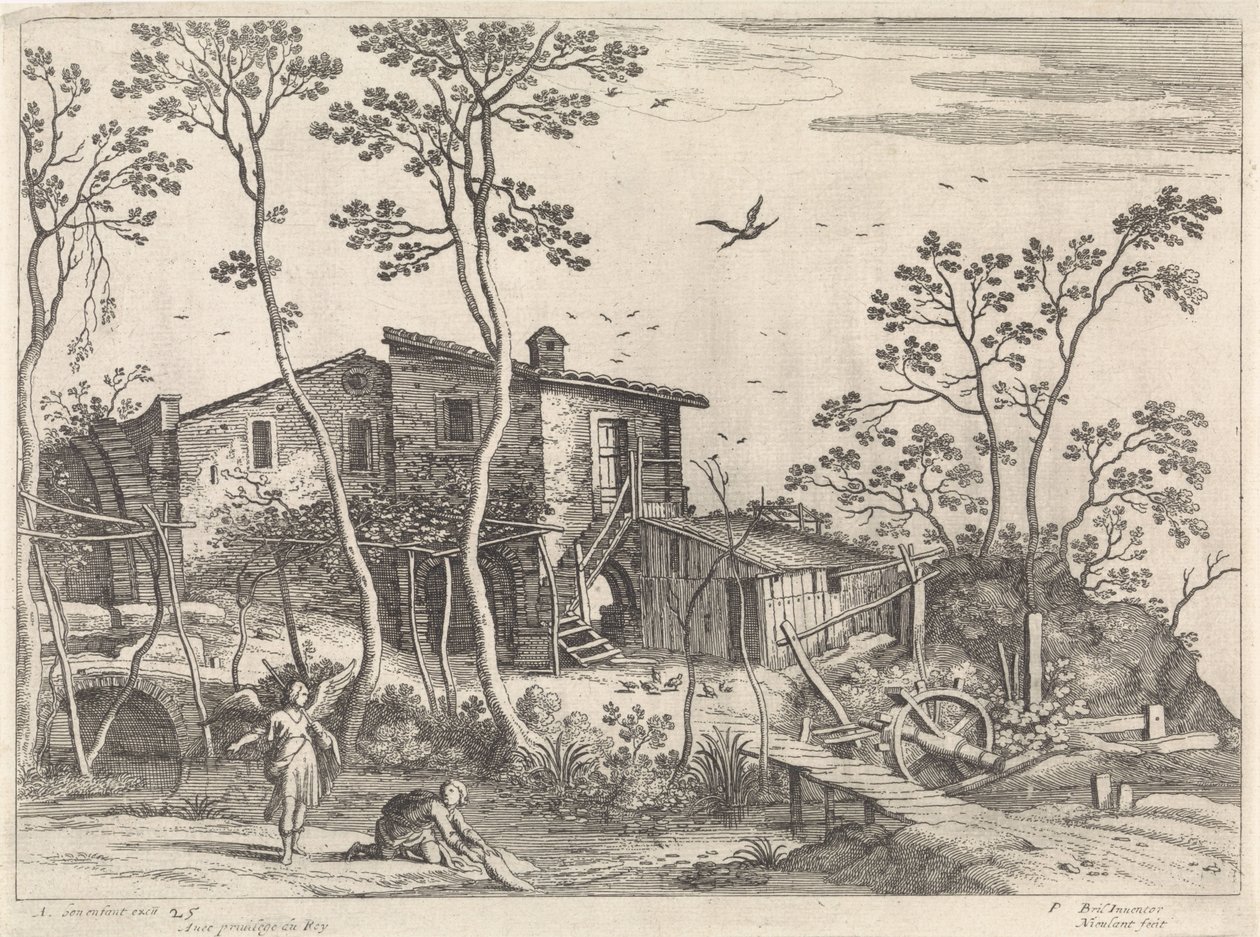 Landschap met Tobias en de engel door Willem van Nieulandt (II)