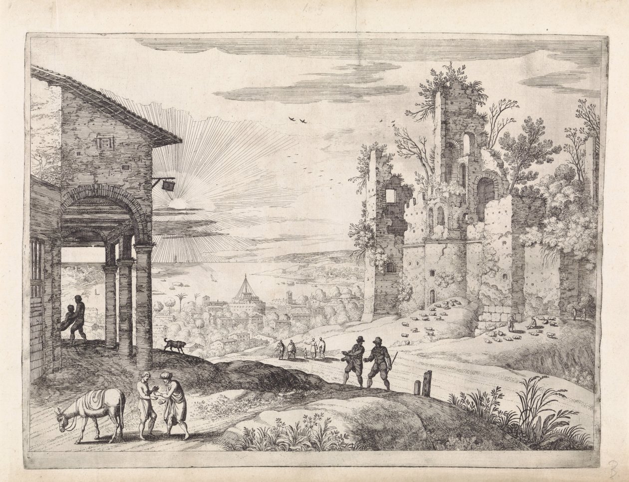 Landschap met de barmhartige Samaritaan bij de herberg door Willem van Nieulandt (II)