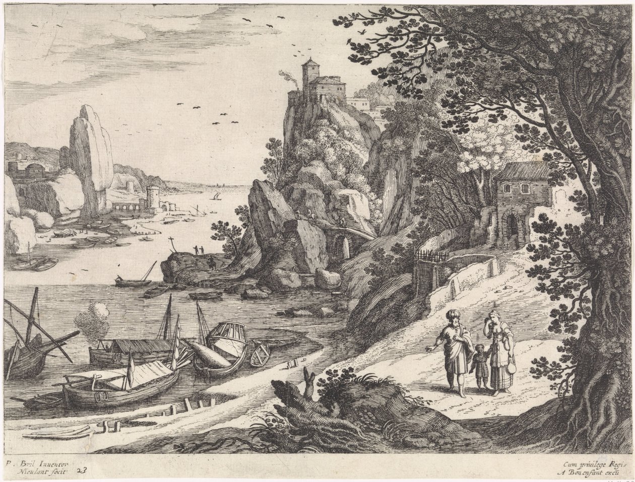 Landschap met de verdrijving van Hagar en Ismaël Italiaanse landschappen (series title) door Willem van Nieulandt (II)