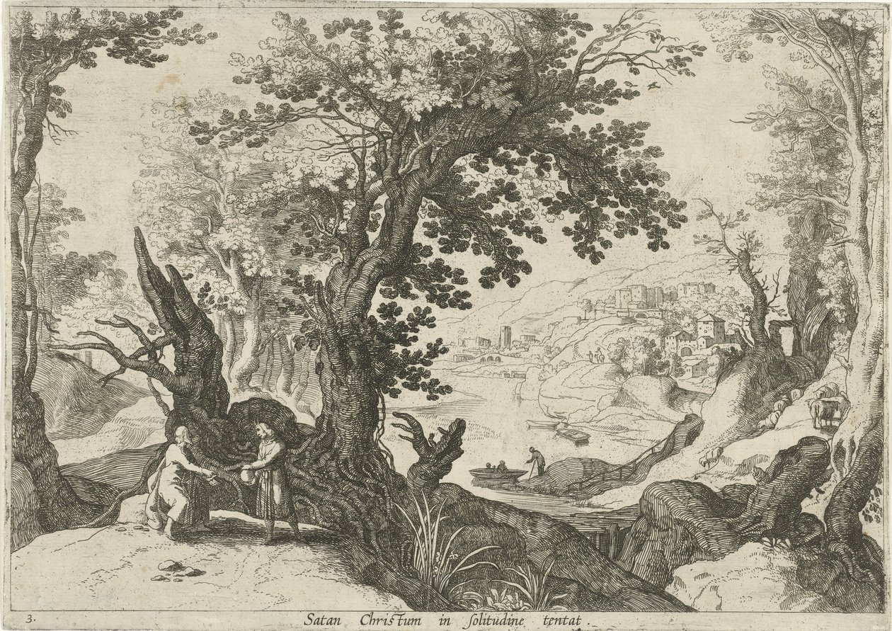 Landschap met de verzoeking van Christus door Willem van Nieulandt (II)