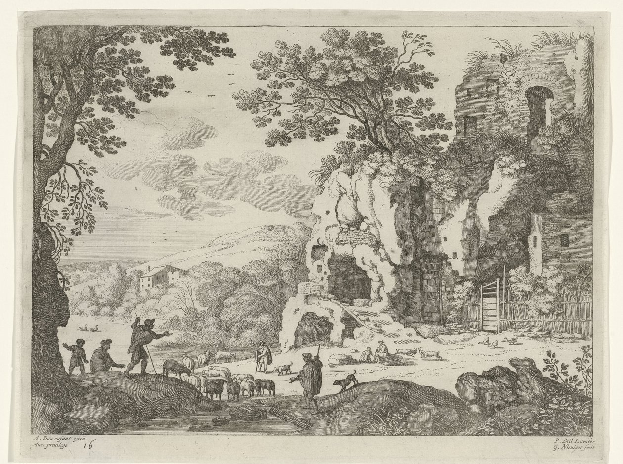 Landschap met een ruïne (Italiaanse landschappen) door Willem van Nieulandt (II)