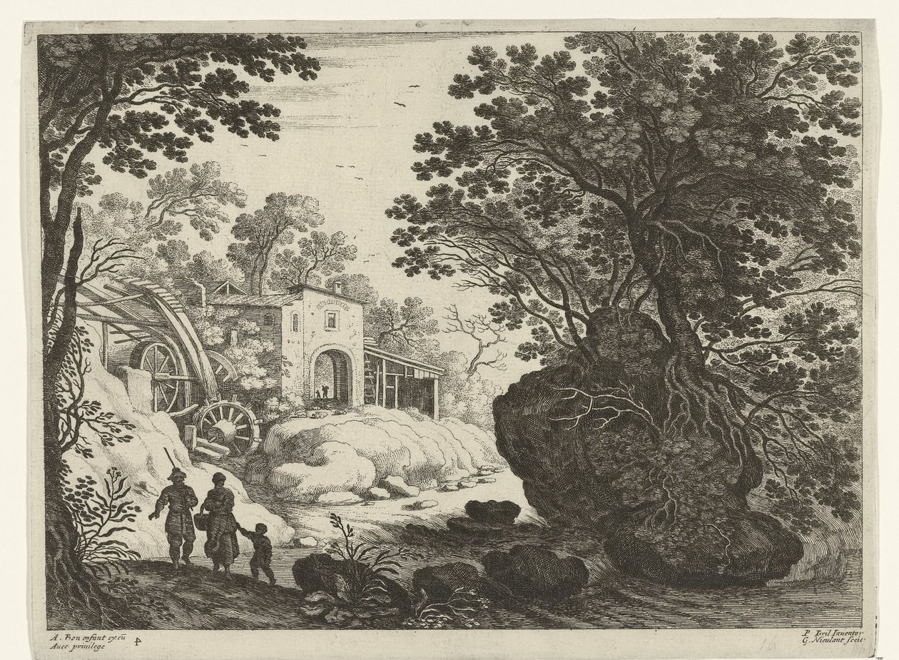 Paar en kind bij watermolen Italiaanse landschappen (serie) door Willem van Nieulandt (II)