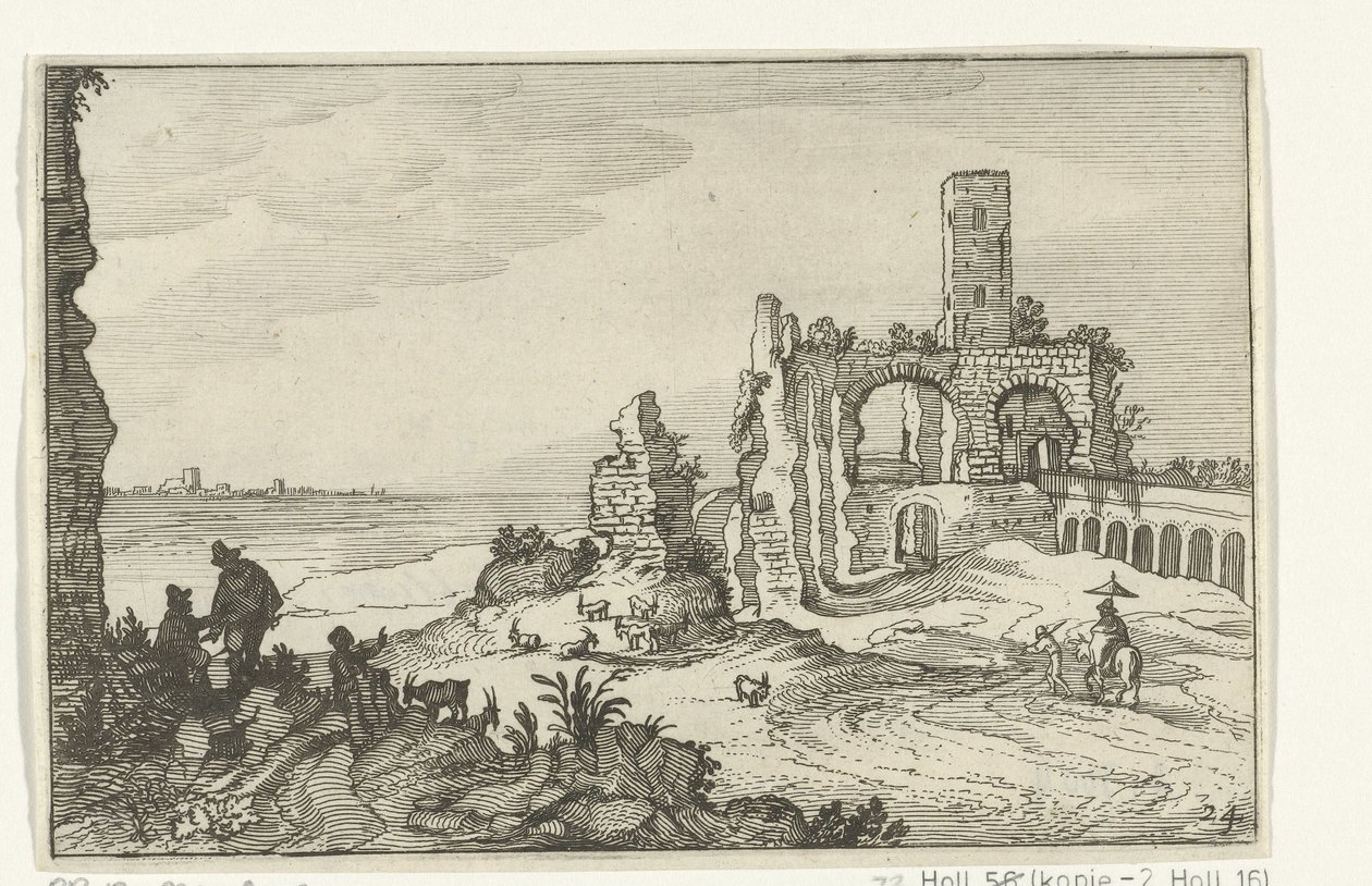 Ruïne met bogen en een toren aan het water door Willem van Nieulandt (II)