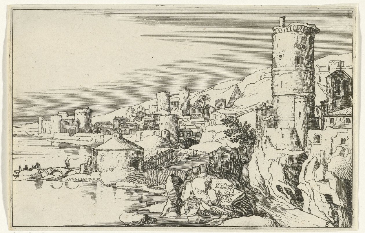 Stad met torens aan het water door Willem van Nieulandt (II)