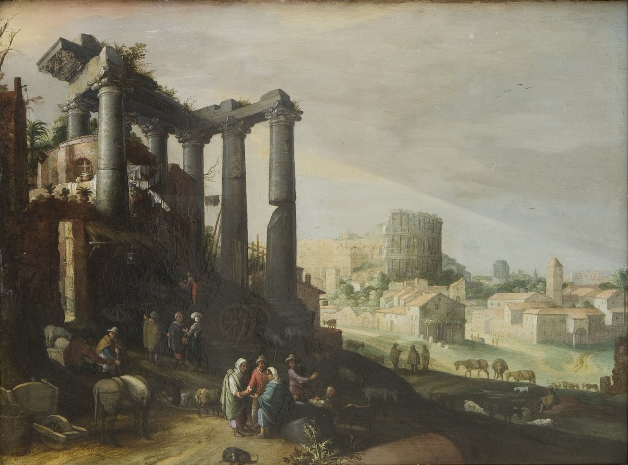 Landschap met uitzicht op Campo Vaccino in Rome door Willem van Nieulandt d.Y.