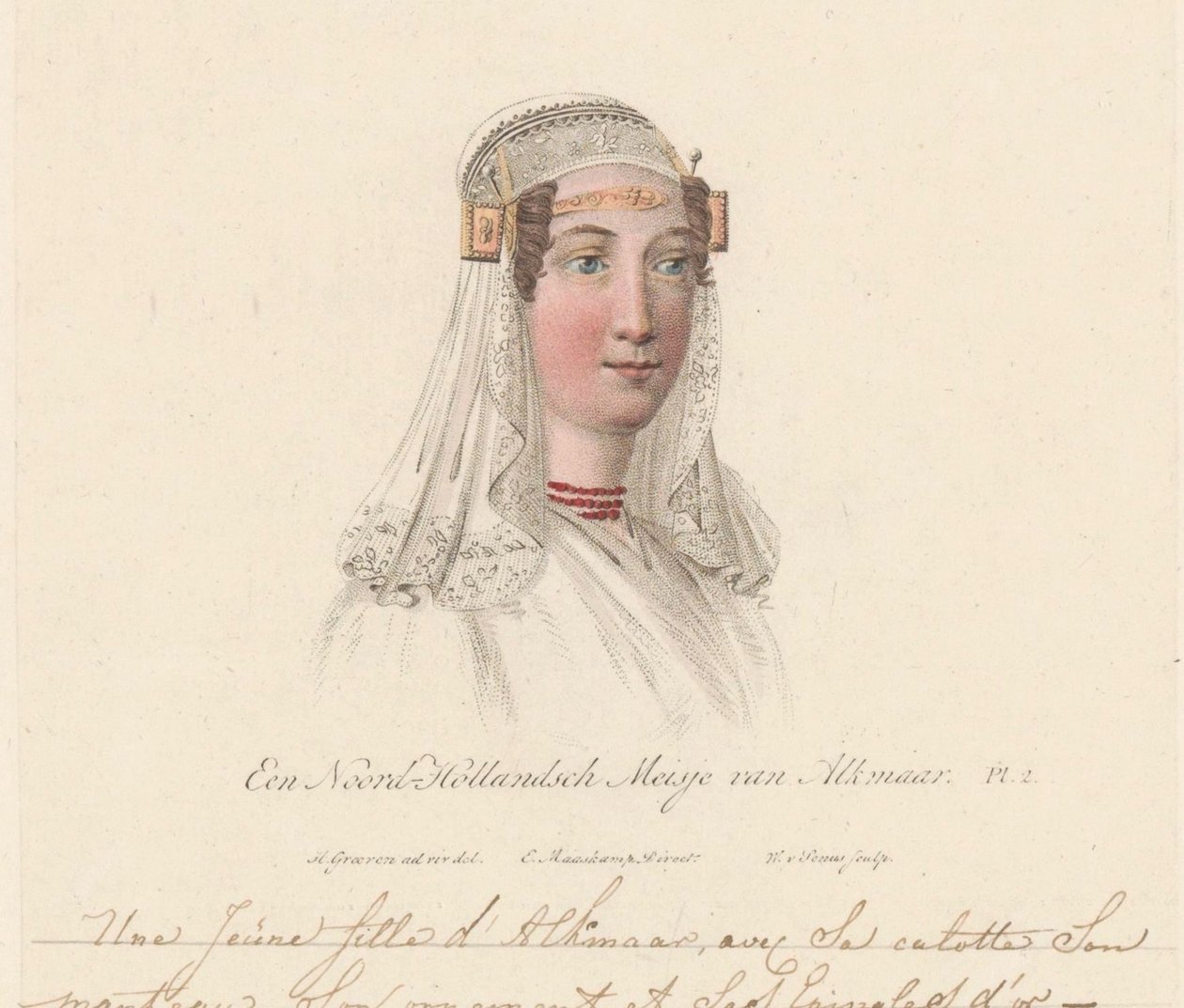 Hoofddracht van een meisje uit Alkmaar, 1816 door Willem van Senus