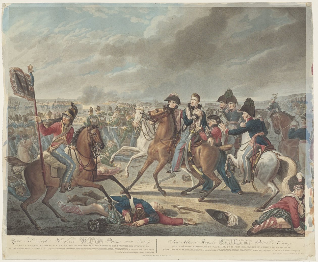 Zyne Koninklyke Hoogheid Willem Prins van Oranje in den roemrijken veldslag van Waterloo, op den 18den Junij 1815, gewond op het oogenblik der overwinning door Willem van Senus