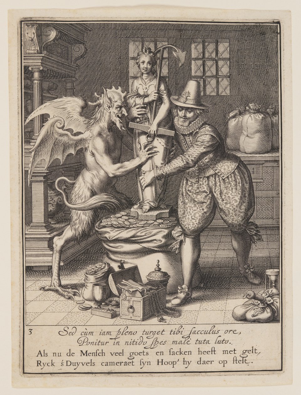 Een man en de duivel vullen een zak met geld en zetten een standbeeld van hoop op, uit Allegorie op het misbruik van wereldse bezittingen door Willem van Swanenburgh