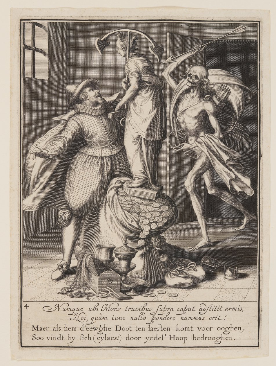De dood met een pijl die op het punt staat de mens neer te halen, uit Allegorie op het misbruik van wereldse bezittingen door Willem van Swanenburgh