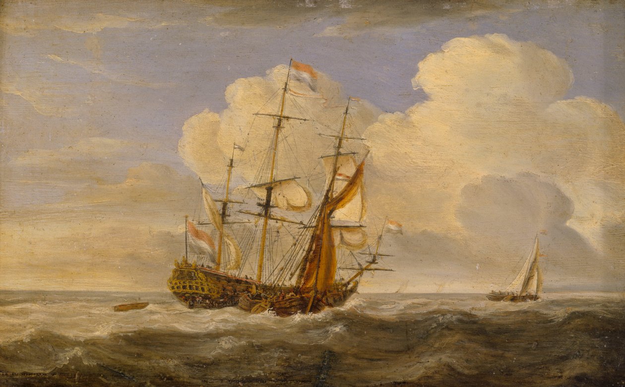 Een Nederlands vlaggenschip voor de wind, eind 17e eeuw tot begin 18e eeuw door Willem van de II (follower of) Velde
