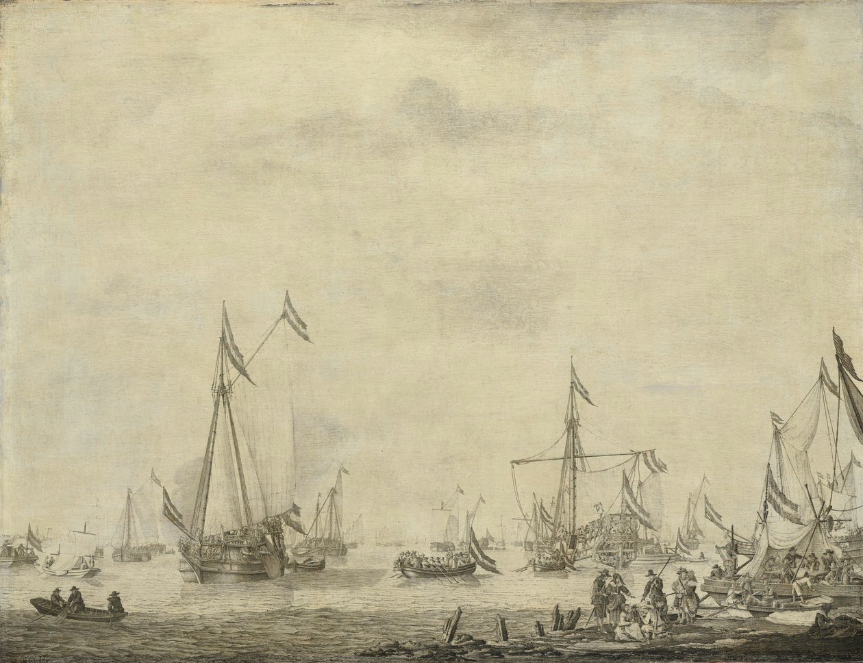 Koninklijk jacht en staatsjacht varen uit Moerdijk met Karel II, koning van Engeland, aan boord, 1660 door Willem van de Velde (I)