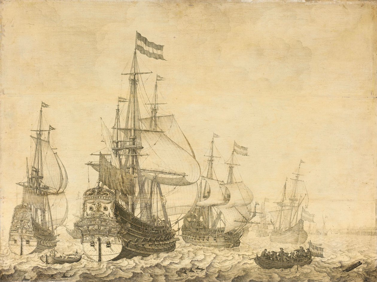 Zeegezicht met Nederlandse Oorlogsschepen waaronder de Drenthe en de Prins Frederik-Hendrik door Willem van de Velde (I)