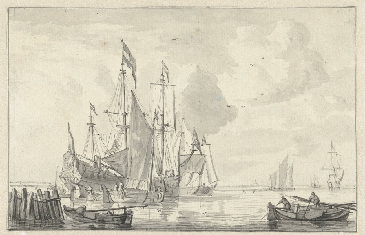 Zeegezicht met enkele schepen in kalm water bij de kust door Willem van de Velde (II)