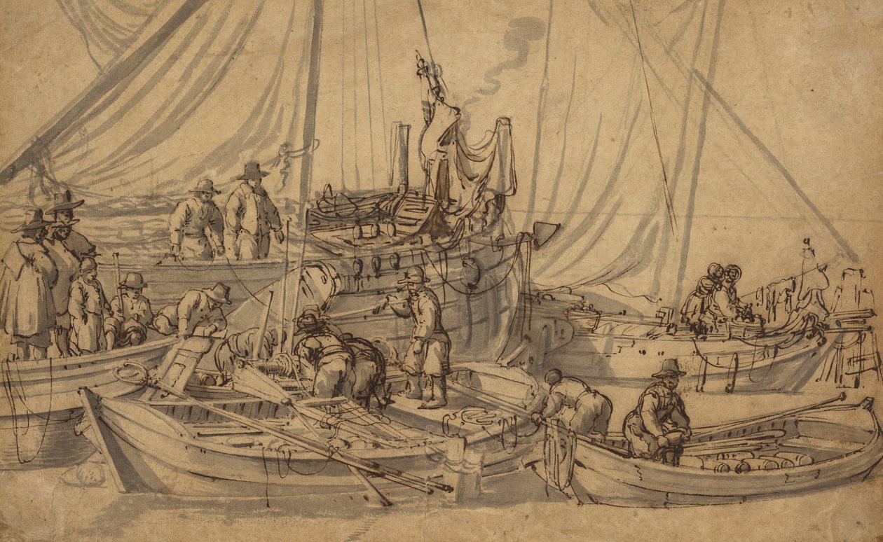 Figuren aan boord van kleine koopvaardijschepen, ca. 1650-5 door Willem van de Velde