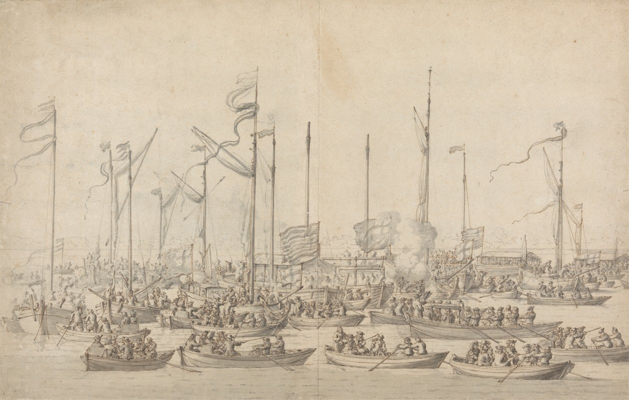 Viering op de Theems bij Whitehall door Willem van de Velde the Elder
