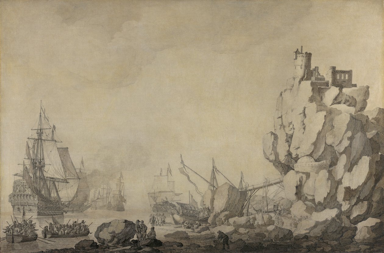 Schepen en Militie bij een Rotsachtige Kust door Willem van de Velde the Elder