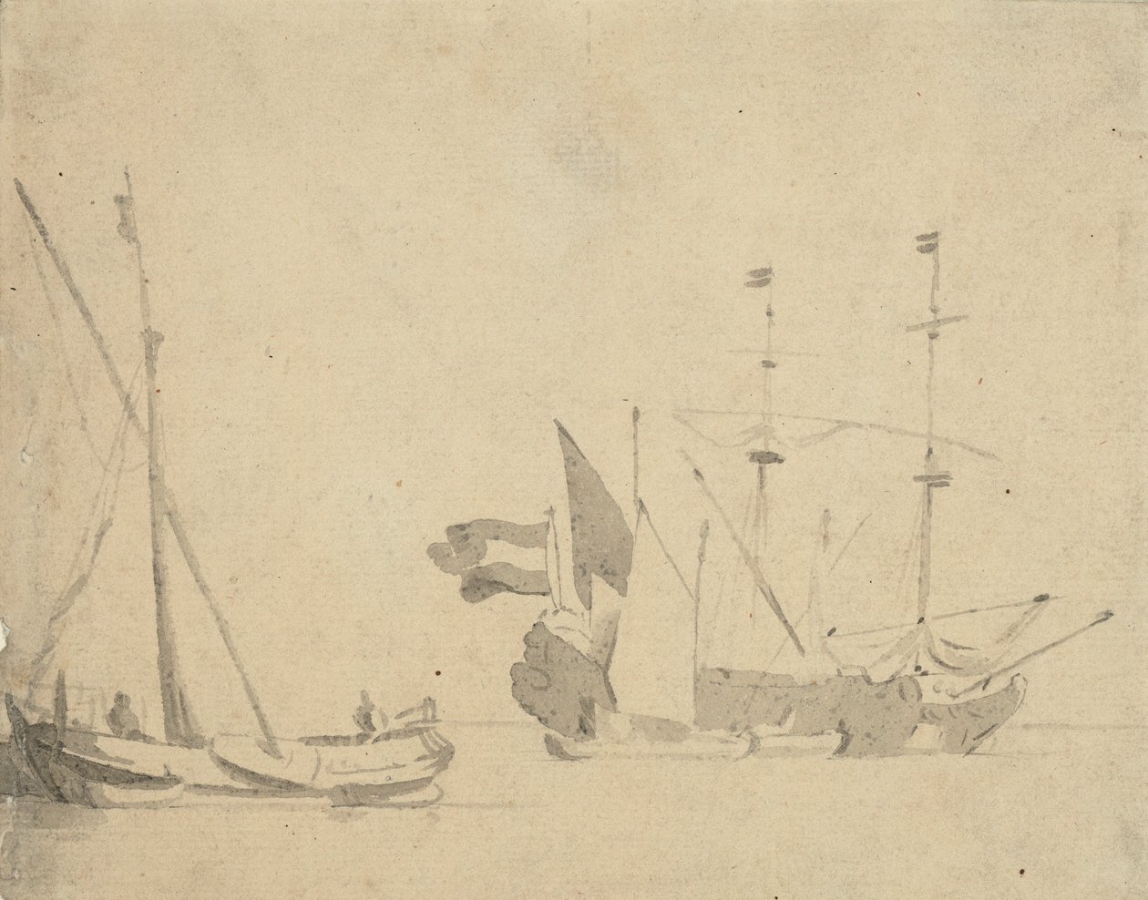 Een boeier aan een pier en een Nederlands schip voor anker door Willem van de Velde the Younger