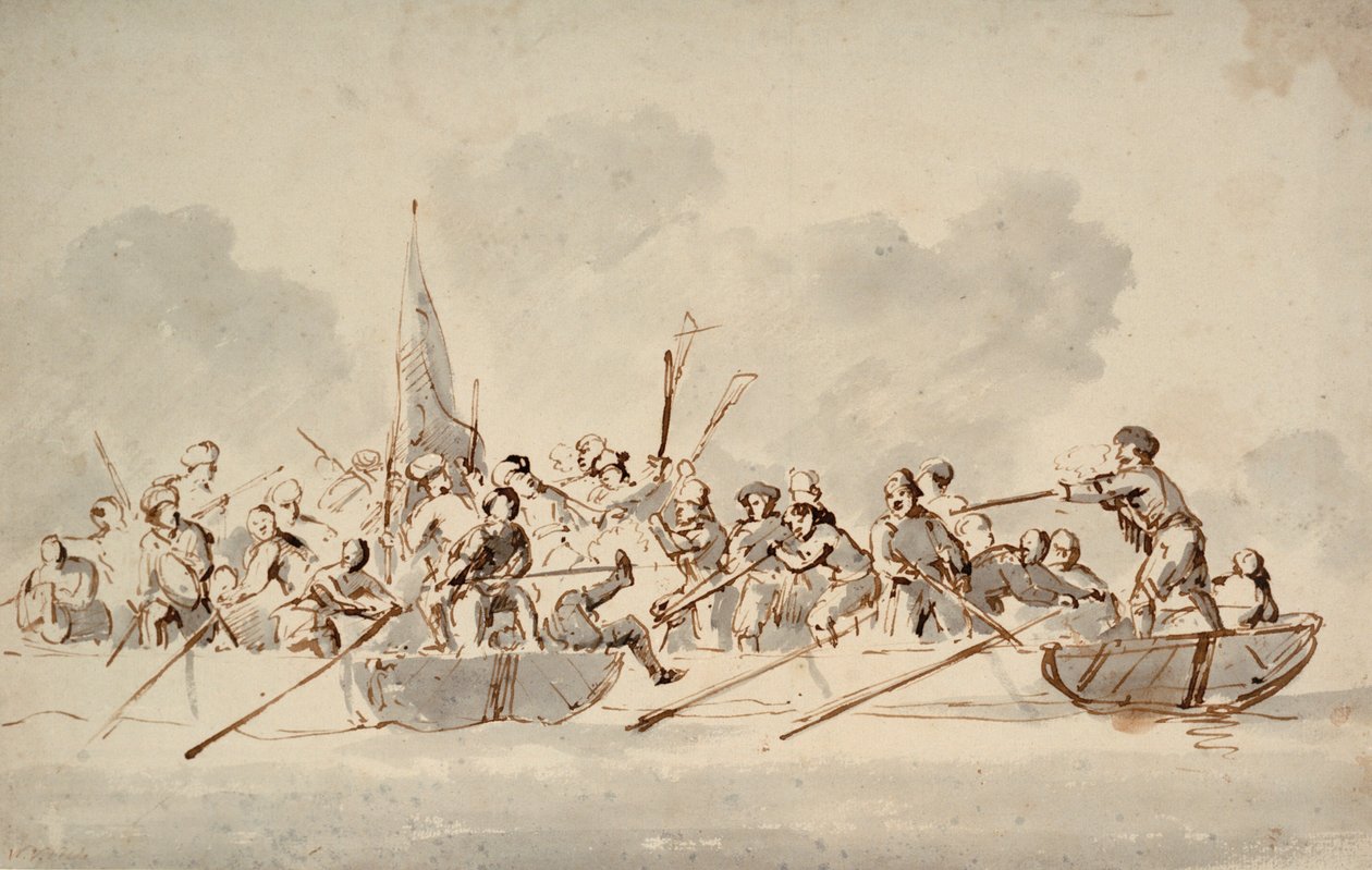 Een gevecht in boten met Barbarijse piraten, ca. 1685 door Willem van de Velde the Younger