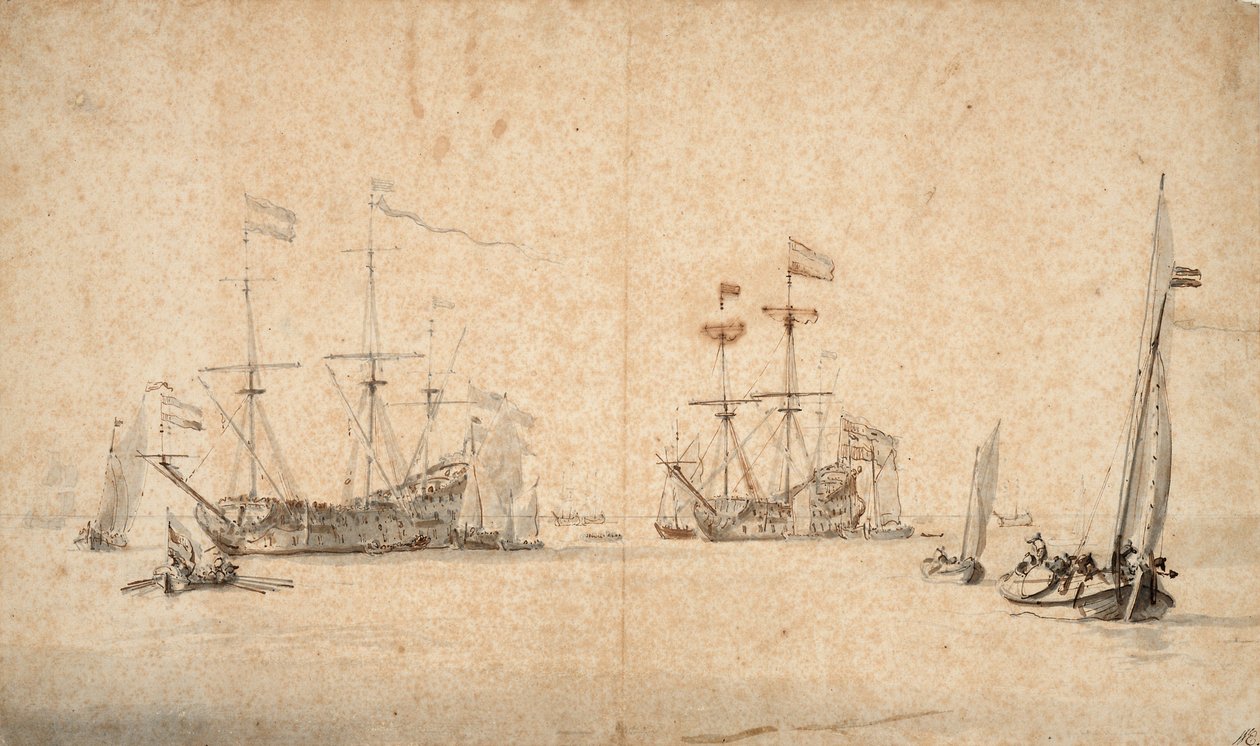 Een kaag die vrij vaart en twee Nederlandse vlaggenschepen voor anker, c.1665 door Willem van de Velde the Younger