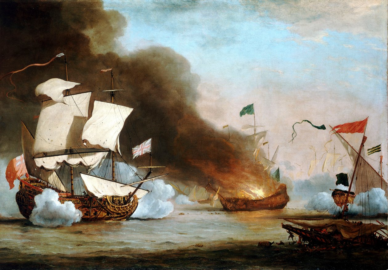 Een Engels schip in actie met Barbarijse zeerovers, circa 1680 door Willem van de Velde the Younger
