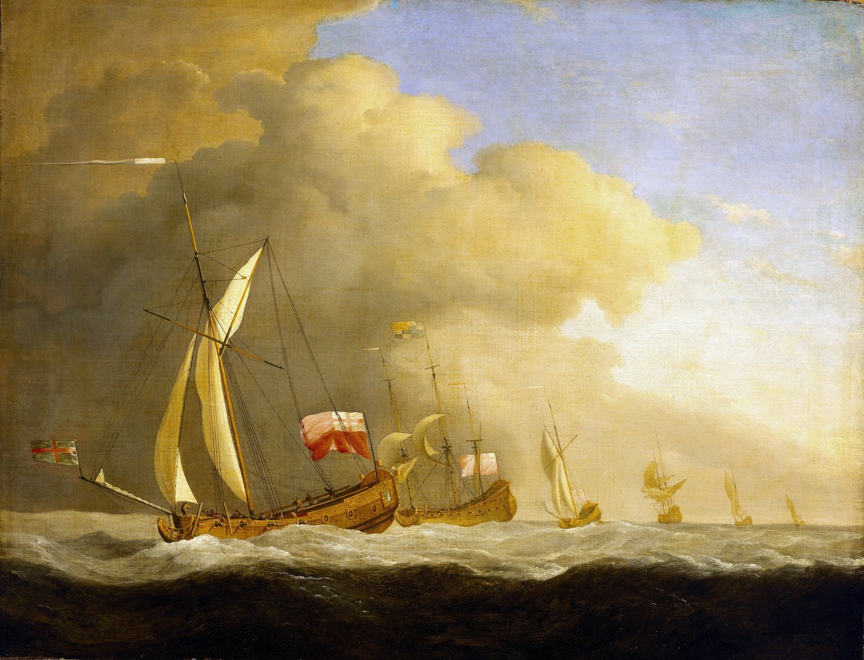 Groep Britse koninklijke jachten op zee door Willem van de Velde the Younger
