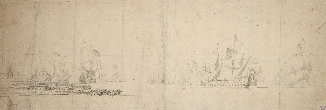Een Nederlandse vloot vertrekt vanaf een pier, ca. 1665 door Willem van de the Elder Velde