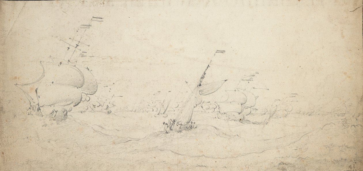 Een Nederlandse achtereskader opkruisend in een zware zee door Willem van de the Elder Velde
