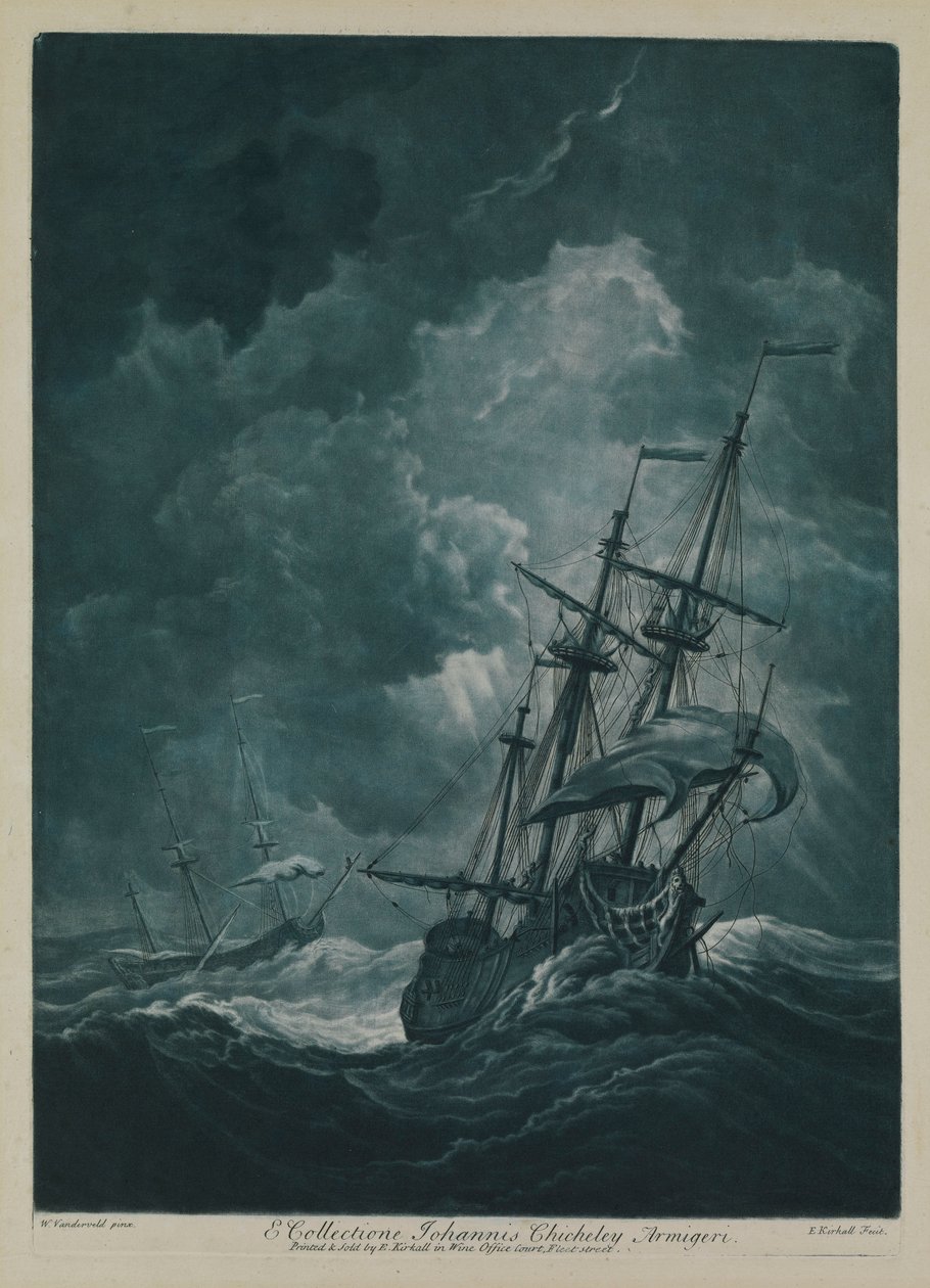 Een schip in een storm door Willem van de the Elder Velde