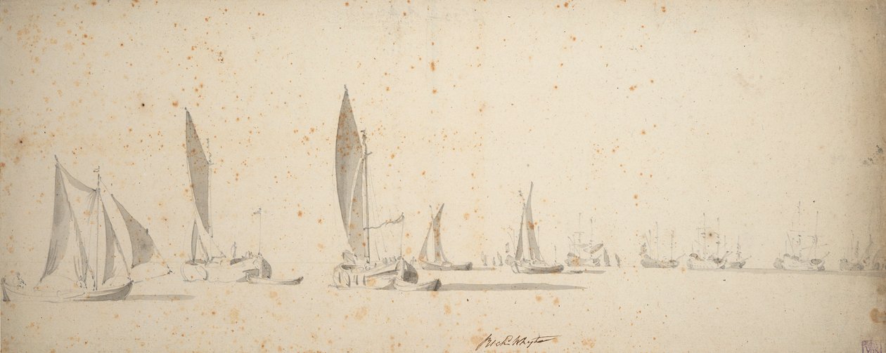 Een tochtschuit, wijdschips en waterschips in een lichte bries, c.1664 door Willem van de the Elder Velde