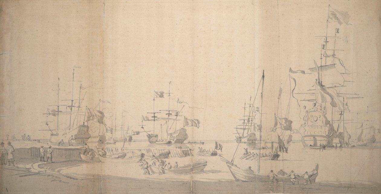 Een weyschuit wordt aan wal getrokken in een drukke haven, ca. 1672 door Willem van de the Elder Velde