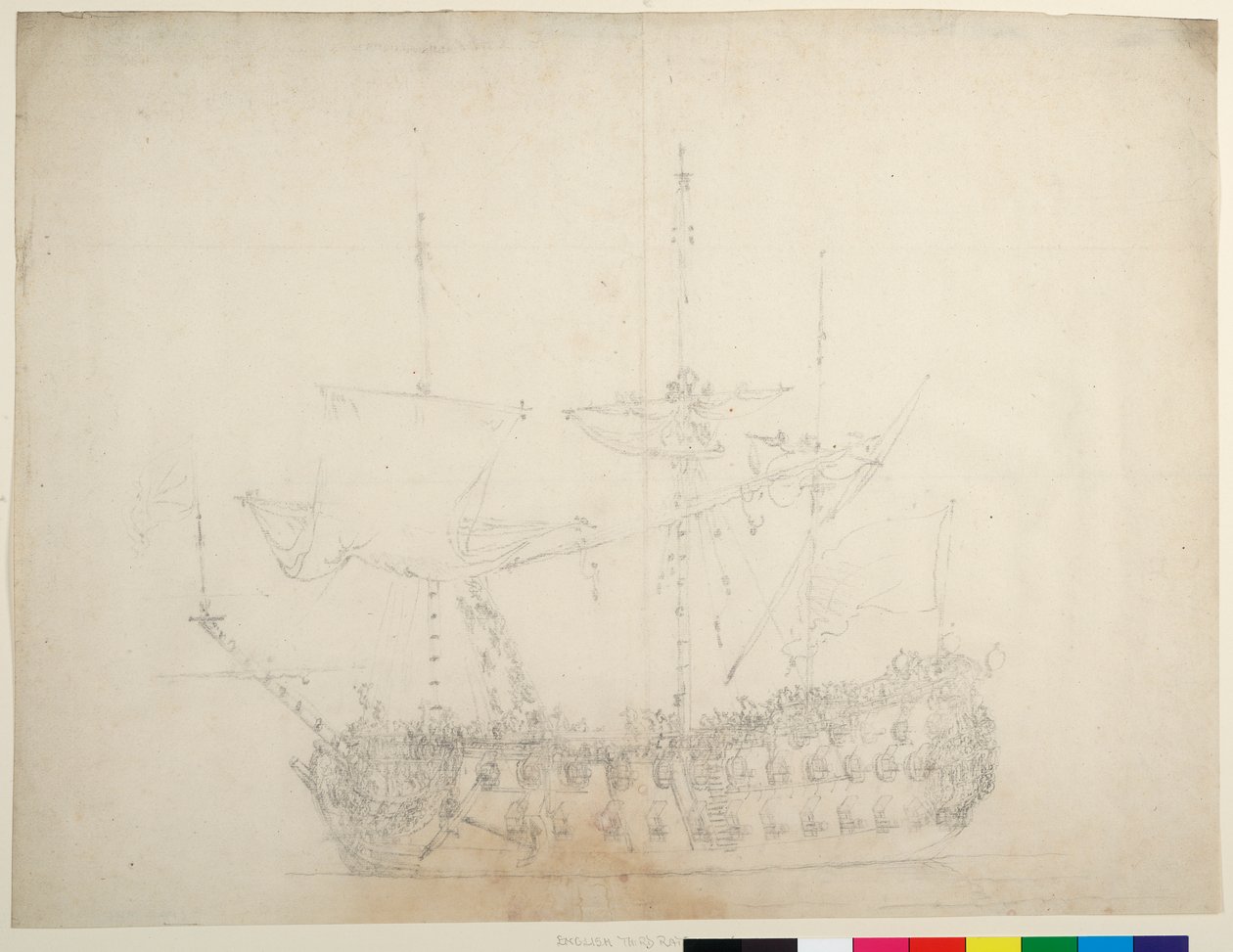 Een Engels derdeklas 60-kanonsschip gezien vanaf de bakboeg, ca. 1673 door Willem van de the Elder Velde