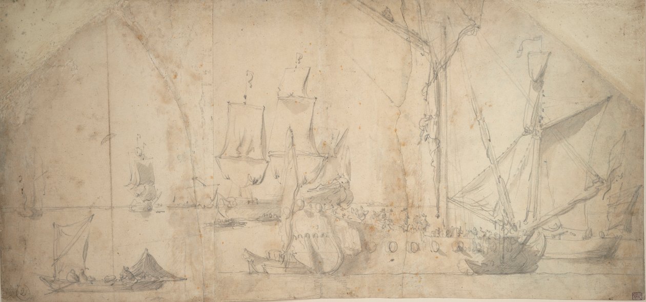 Een Engelse jacht voor anker zeil inrollen door Willem van de the Elder Velde