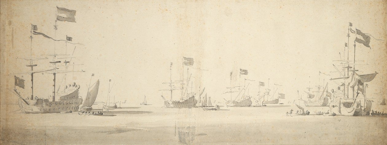 Nederlandse vlaggenschepen voor anker met boten ernaast, c.1664 door Willem van de the Elder Velde