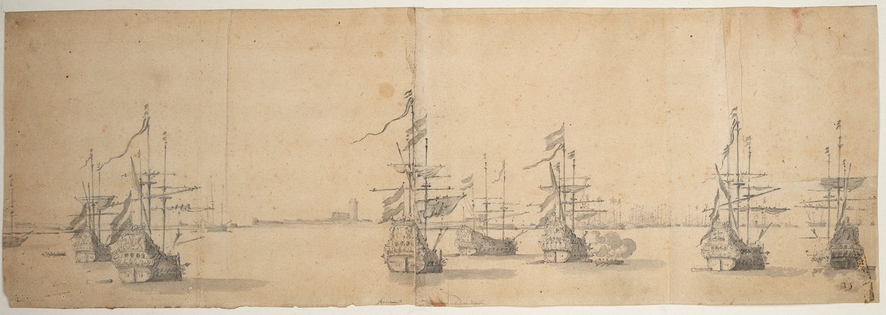Nederlandse schepen voor anker bij een lage kust, ca. 1658 door Willem van de the Elder Velde