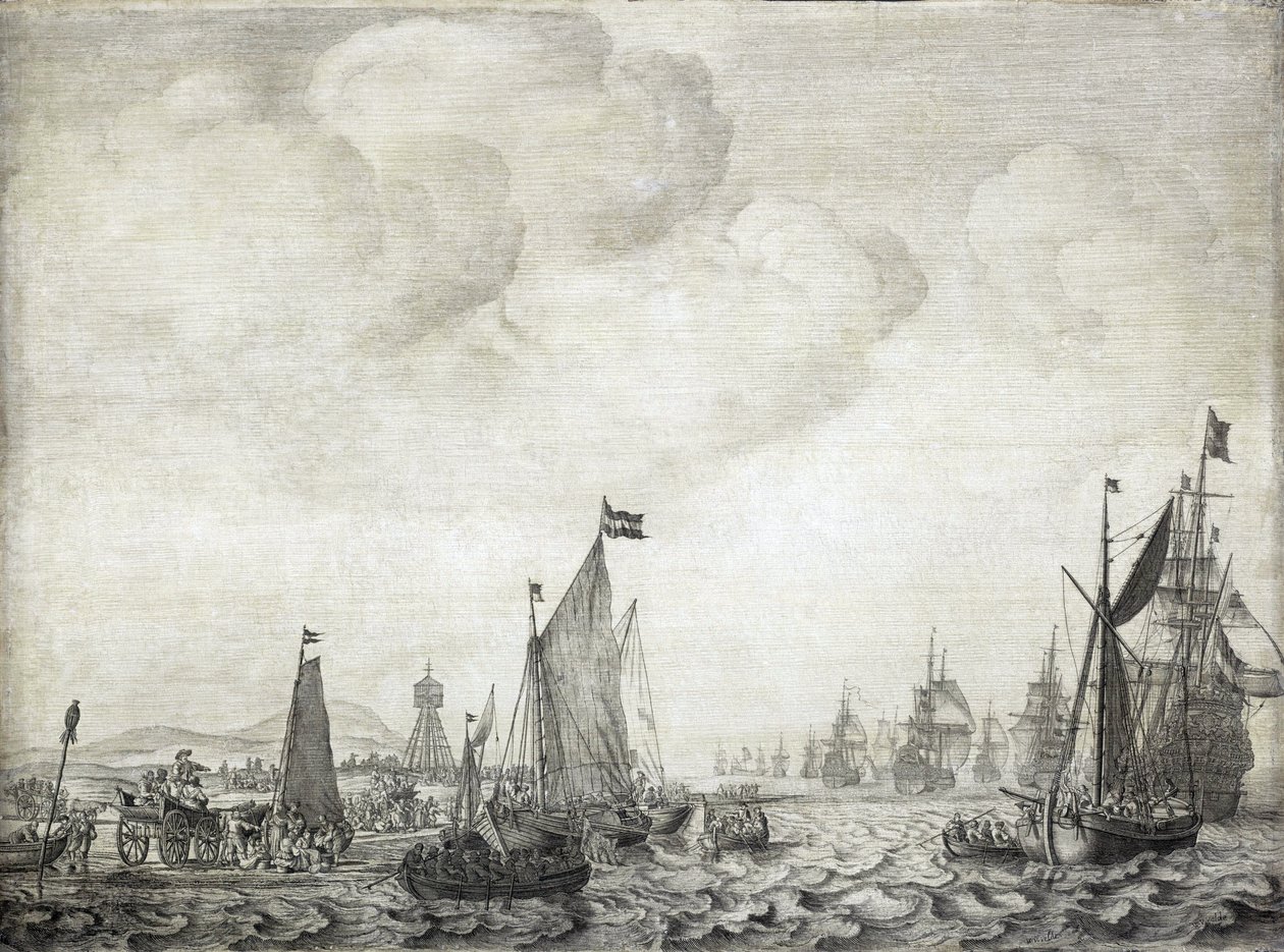Handelsschepen naar het Oosten en hun escorte, vertrekkend uit Vlie (of Vliestroom), maritieme route tussen de eilanden Vlieland en Terschelling (Nederland), 9 juni 1645 door Willem van de the Elder Velde