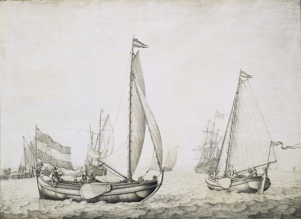 Twee Nederlandse schepen bij vertrek, waarschijnlijk in de haven van Amsterdam, circa 1660, door Willem van de Velde door Willem van de the Elder Velde