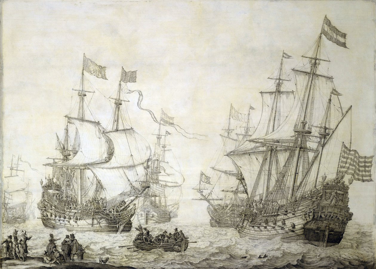 Twee koopvaardijschepen van de Nederlandse Oost-Indische Compagnie, die de kust verlaten bij kalme wind door Willem van de the Elder Velde