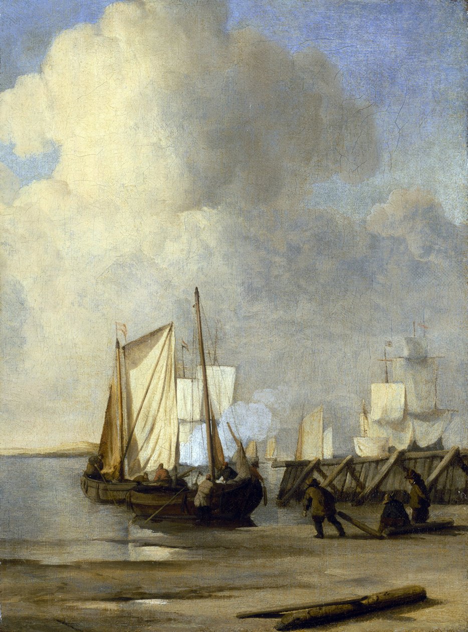 Een Kaag aan de kust, een Nederlands schip gebruikt voor de binnenwateren door Willem van de Velde the Younger